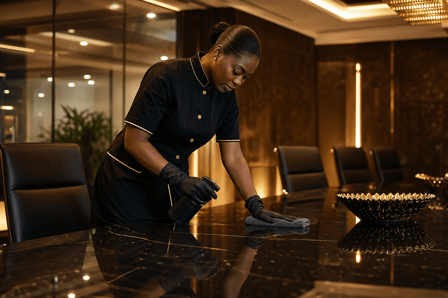 A T.Marjode team member cleaning a boardroom